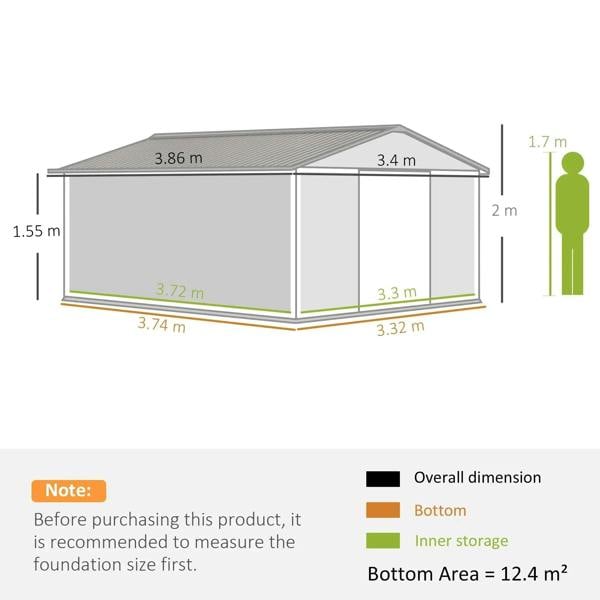 Light brown metal shed dimension diagram with labeled width, depth, and height