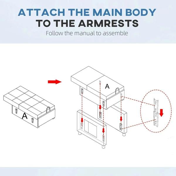 Assembly diagram for blue chair bed showing main body attachment to armrests