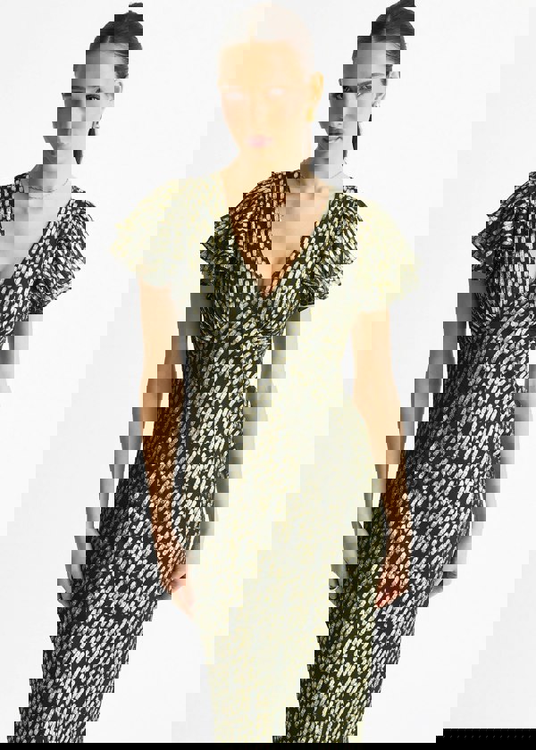 Gini London Dark Green Viscose Clipped Gold Jacquard Bias Cut Maxi Dress