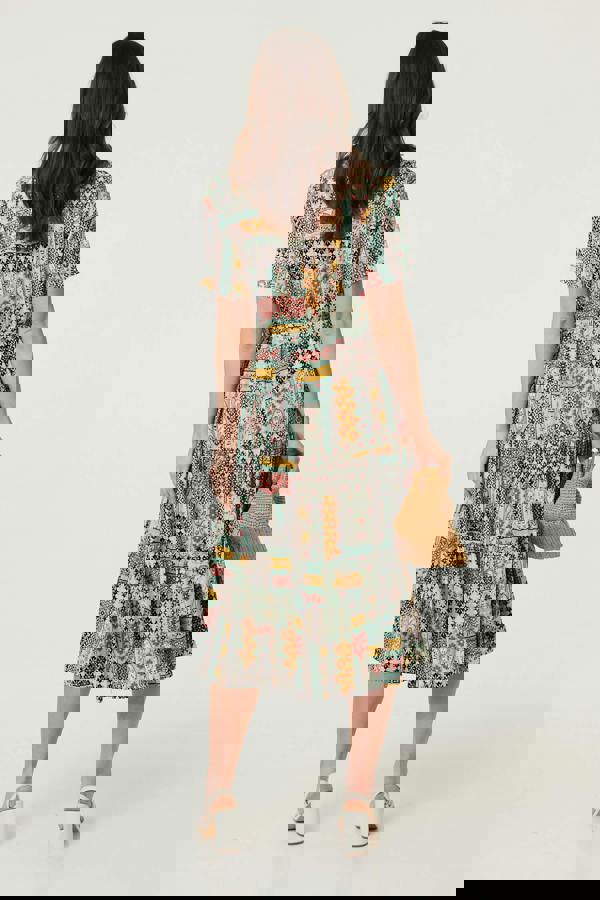 Sage | Abstract Short Sleeve Tie Midi Dress