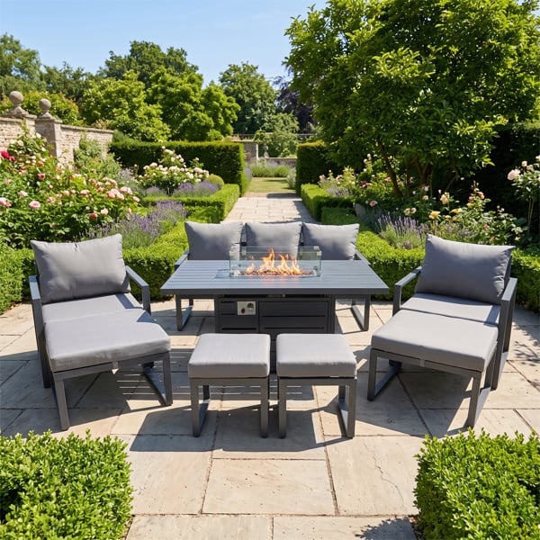 Fimous 9 Seat Outdoor Garden Furniture Set Aluminium Lounge 3 Seat Sofa Gas Fire Pit Table Sets with Chair 4 Stools Dark Grey