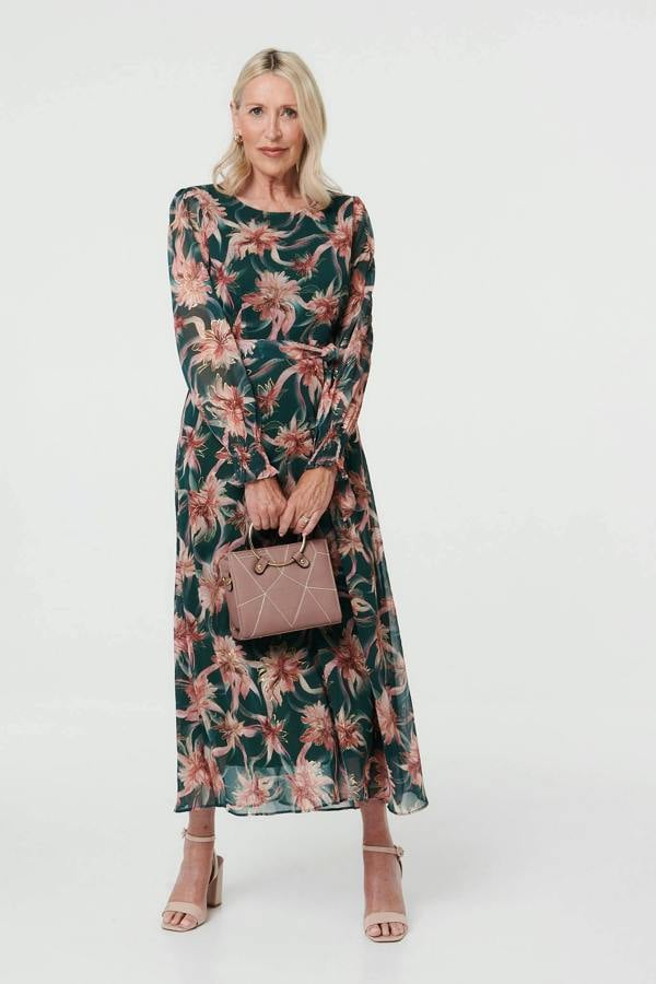 Green | Floral Tie Waist A-Line Maxi Dress