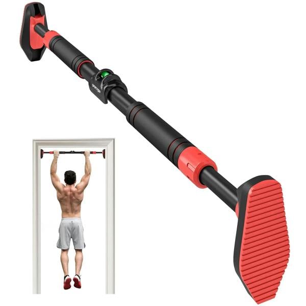 Red and black doorway pull up bar with padded grip ends