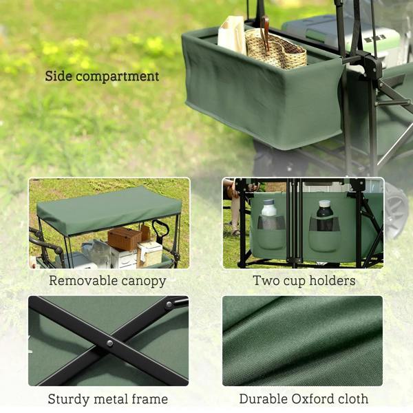 Green cart with side compartment, removable canopy, and two cup holders