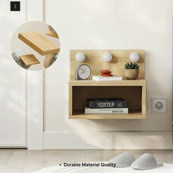 Decortie Floating Bedside Table with 3 LED Lights 30cm Modern Wall-mounted Open Shelf for Storage, Bedroom