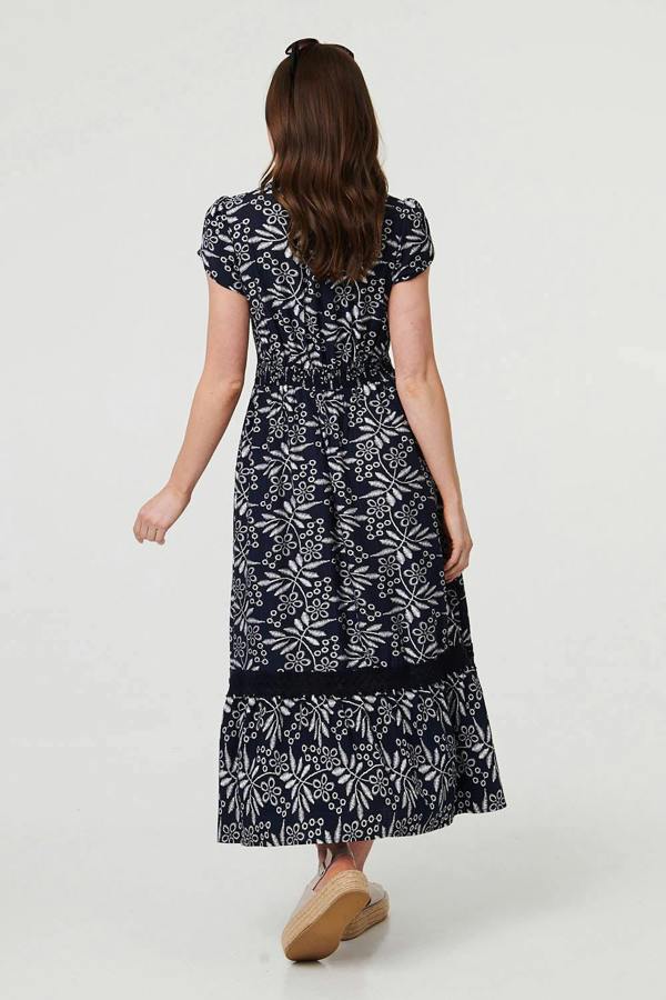 Navy | Leaf Print Lace Trim V-Neck Midi Dress