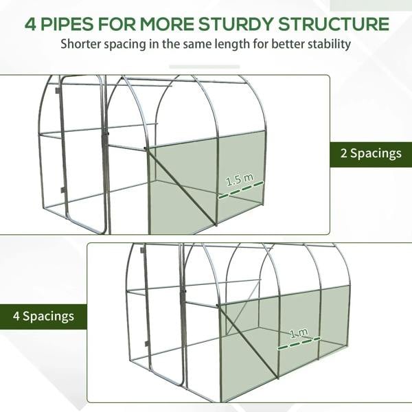 Green walk-in greenhouse structure with arched roof and metal frame showing pipe spacing