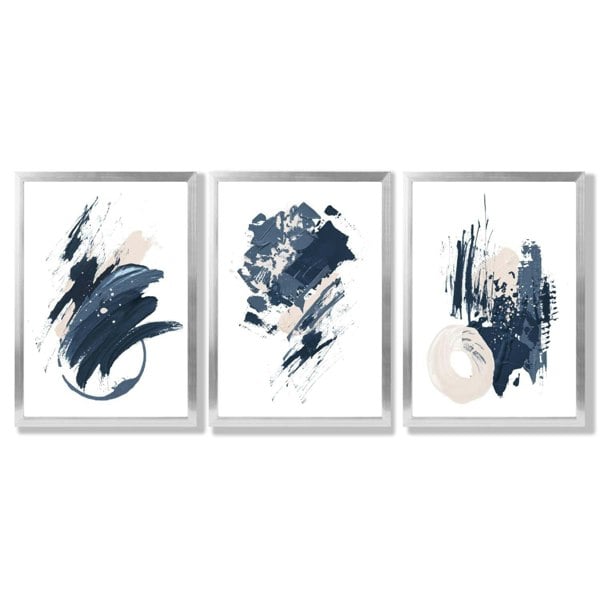 Abstract Set of 3 Minimal Blue Oil Painting Framed Art Prints with Silver Wood Frames