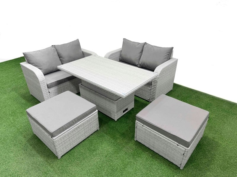 Fimous 6 Seater Outdoor Love Sofa Set Rattan Garden Furniture Set with Adjustable Lifting Dining or Coffee Table 2 Footstool Light Grey