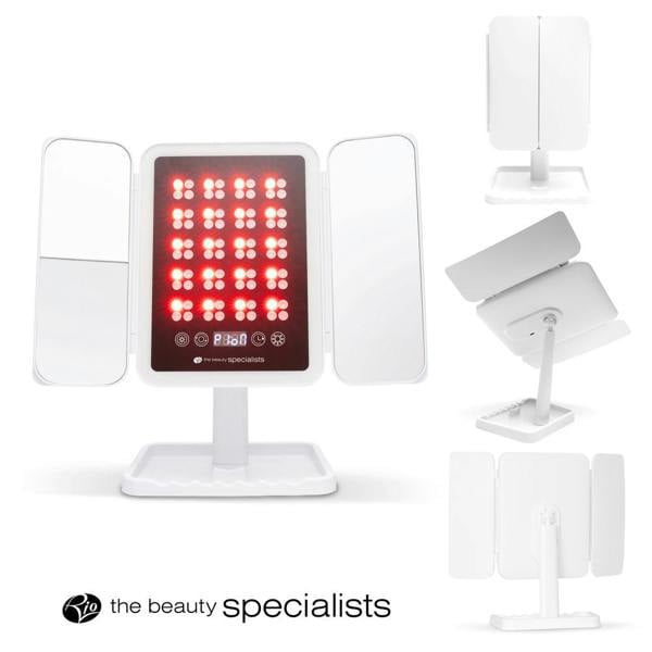The Rio Radiance Light Therapy Panel is a white tabletop vanity mirror with three panels and central red LED lights for light therapy, shown from multiple angles. The bottom features the logo and text: the beauty specialists.