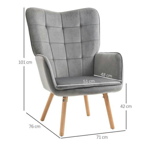 Grey upholstered wingback armchair with tufted back and wooden legs