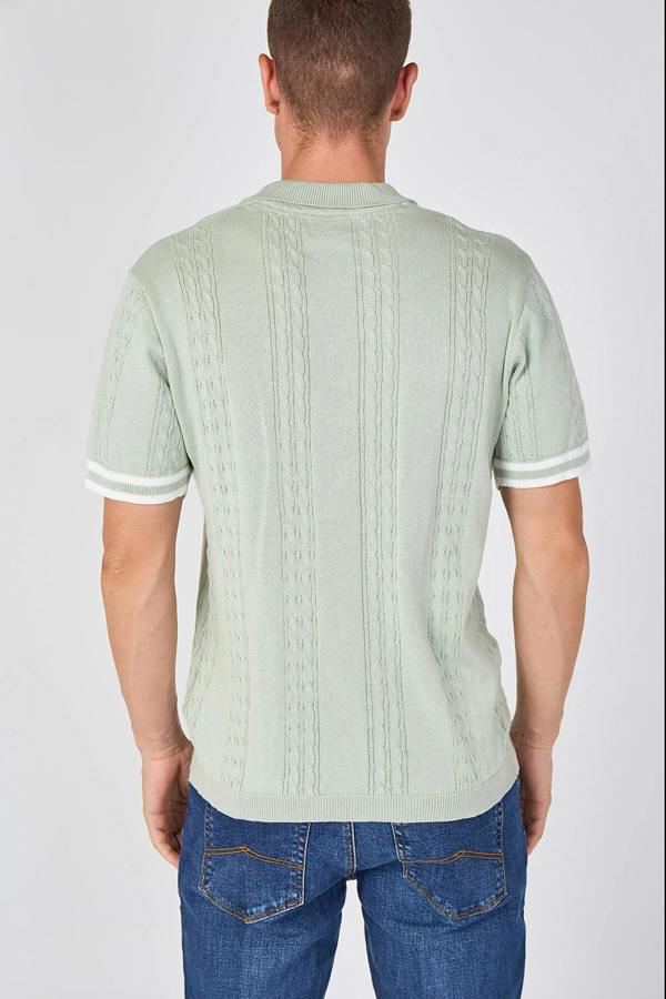 Sage Green Textured Knitted Button-Through Polo Shirt
