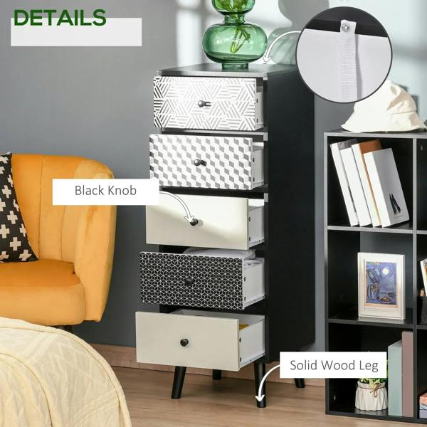 Black 5-drawer dresser with patterned fronts, black knobs, and solid wood legs