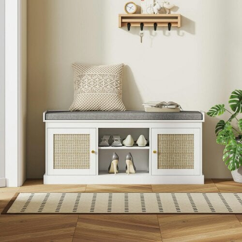Wyld Haus Bafisa Wooden White Boho Shoe Bench With Cushioned Seat And Rattan Doors