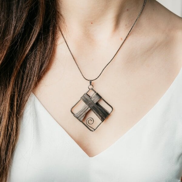 The Colourful Aura Black Square Wire Wrapped Handmade Corded Pendant Statement DIY Necklace