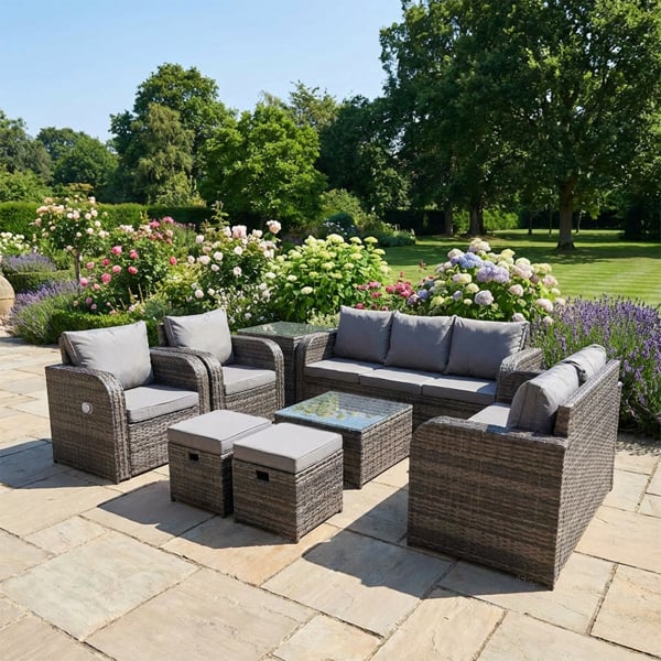 Fimous 9 Seater Rattan Garden Outdoor Furniture Set with 2 Reclining Chairs, Coffee Table, Side Table & 2 Stools - Dark Grey Mixed