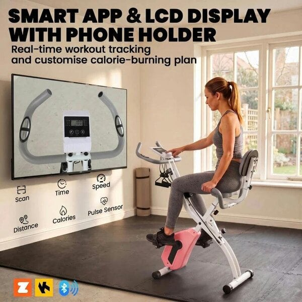 4-In-1 Folding Exercise Bike with Resistance Bands, Bluetooth App, 8-Level Magnetic Resistance, LCD Display, Pink