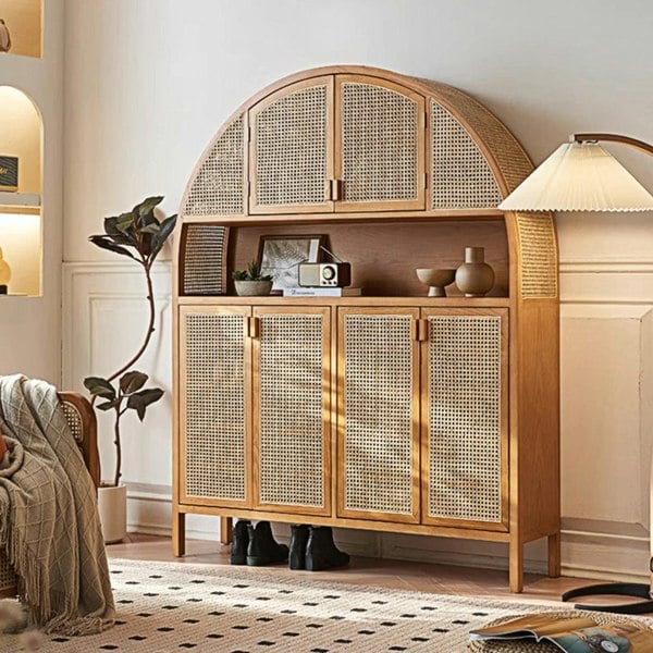 Detail view of Eisha Rattan Shoe Storage, Cupboard, Solid Wood with wooden shoe storage cabinet