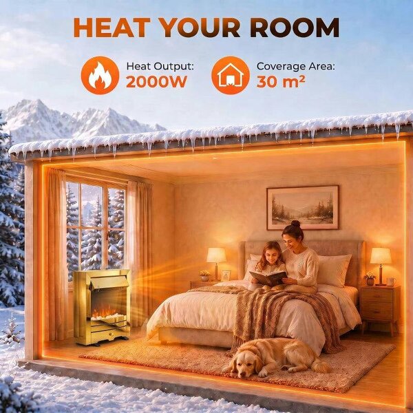 Electric Fireplace Stove Freestanding/Inset, 2000W, Electric Fire with LED Flame, Pebbles, Adjustable Thermostat, Gold