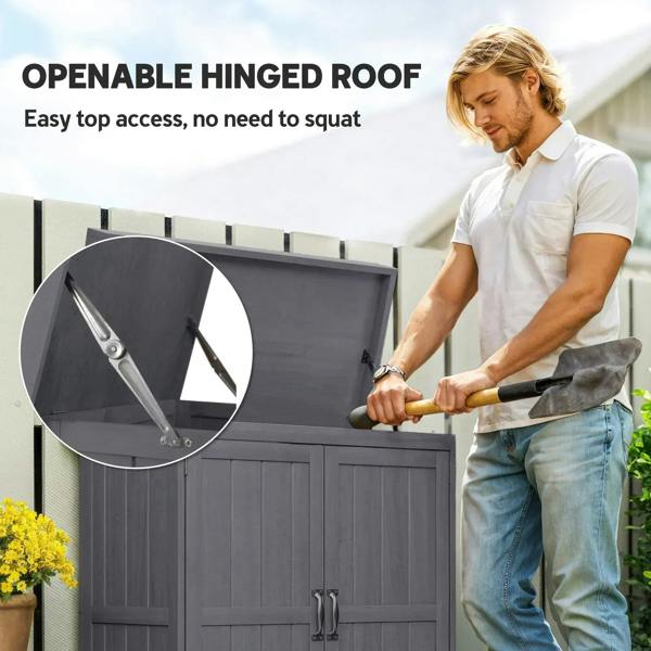 Dark gray wooden storage shed with openable hinged roof for easy top access