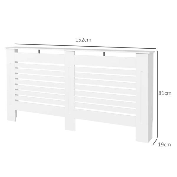 White radiator cover cabinet shown with dimensions; horizontal slat panels on the front.