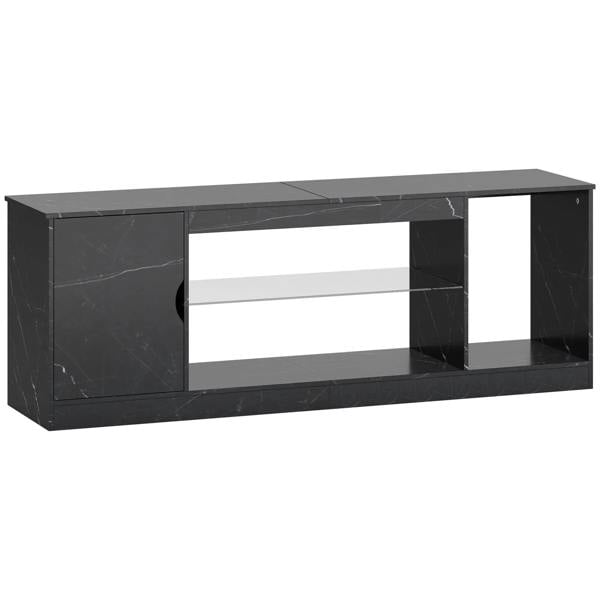 Black marble-effect TV stand cabinet with glass shelf and two side storage doors
