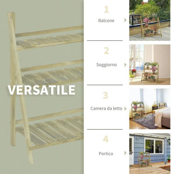 Three-tier wooden planter display stand with slatted shelves and ladder legs, brown.