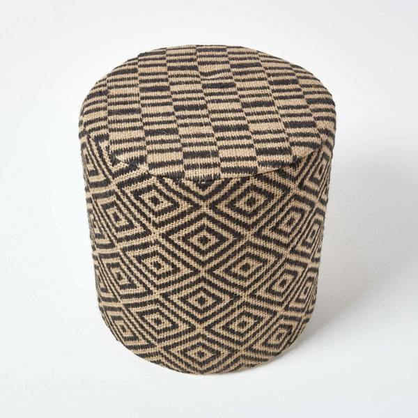 HOMESCAPES Jute Round Pouffe Black and Off-White Herringbone Pattern - 40 x 40 x 42 cm