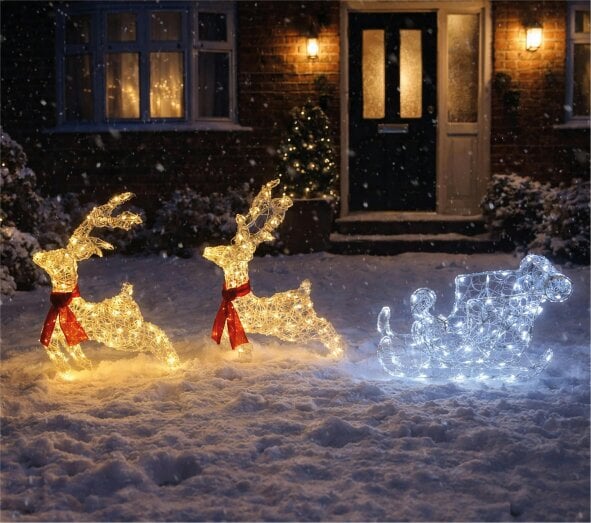 Scotts of Stow Xmas Haus Soft Acrylic LED Deer and Sleigh Outdoor Christmas Decoration With Timer