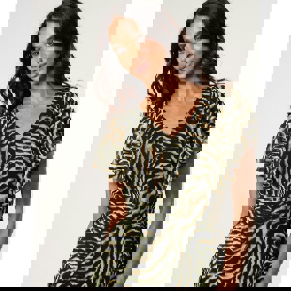 Blue Vanilla Animal Print Frill V Neck Mini Mesh Dress