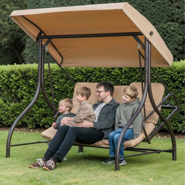 Heavy Duty Garden 3 Seater Swing Seat and Hammock Bed with Canopy, Steel Frame and Textaline Base, Thick Shower Proof Cushions
