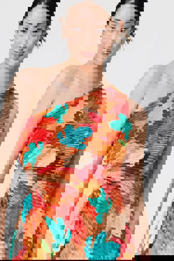 Orange | Floral One-Shoulder Pleated Maxi Dress