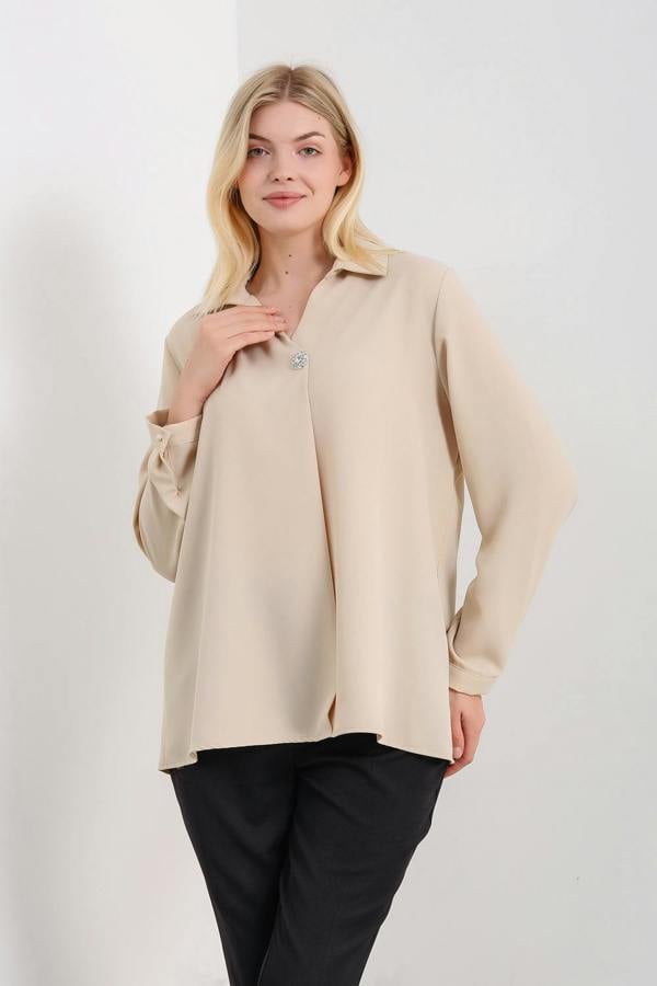 Hoxton Gal Oversized Long Sleeves Blouse with Brooch Details in Beige