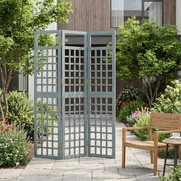 3-Panel Garden Privacy Screen, Freestanding Foldable Wooden Outdoor Divider/Trellis, Decorative Privacy Screen, Grey