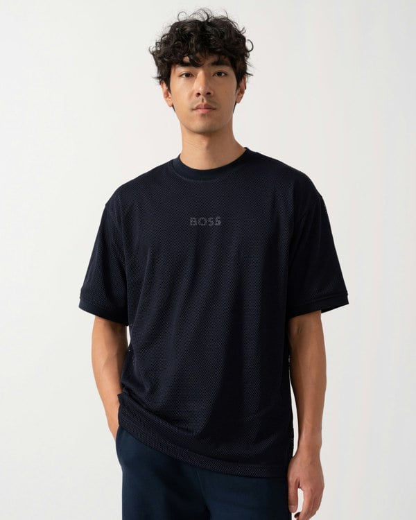 BOSS Orange Summer Mesh Mens T-Shirt - Dark Blue 404 - CHO - Designer Mens Short Sleeve T-Shirts & Tops