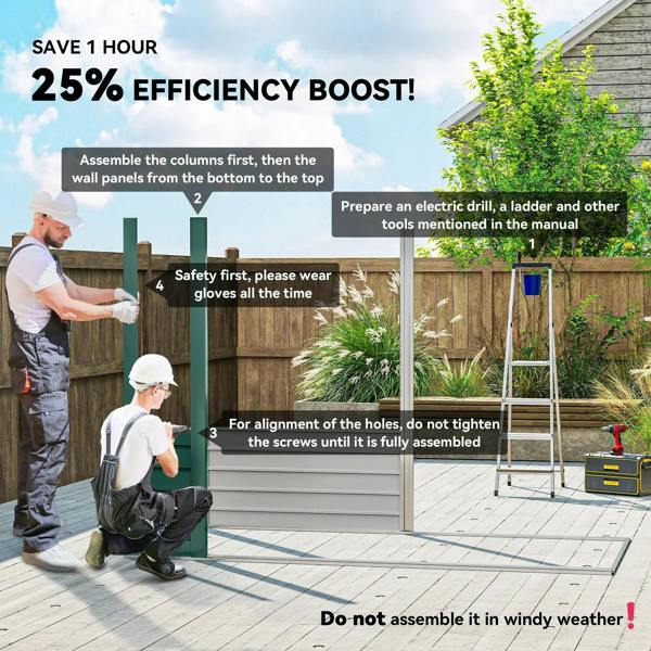 Green metal shed installation scene with open doors on a patio; safety and assembly steps