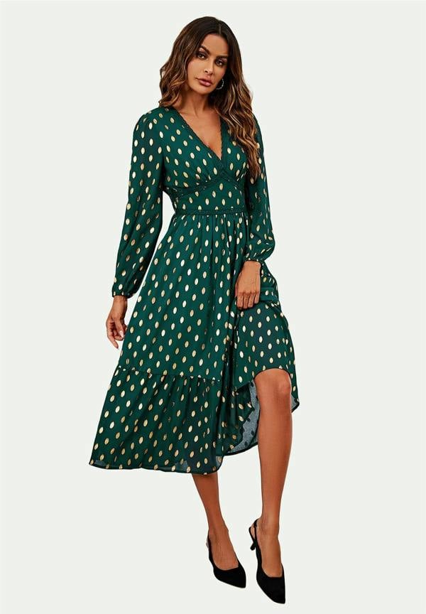 FS Collection Lace Trim Foil Long Sleeve Maxi Dress In Green