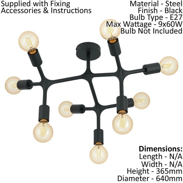 Flush 9 Bulb Ceiling Light Colour Black Arms & Lamp Holders Bulb E27 9x60W Loops