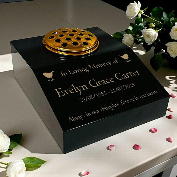 Memorials Direct Black Granite Sloping Memorial Desk with Vase – Robin Design, Free Gold Engraving