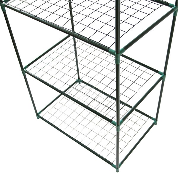 Mini greenhouse with four wire mesh shelves, black metal frame, and green plastic connectors, ideal for indoor or outdoor gardening