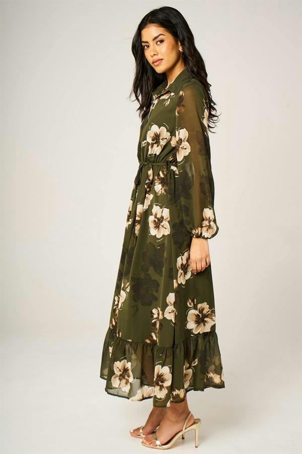 FS Collection Large Floral Print Hem Detail Shirt Midi Dress With Tie Waist In Olive Green