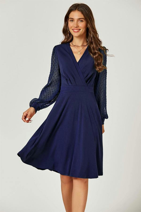 FS Collection Long Sleeve Pleated Detail Midi Dress In Navy