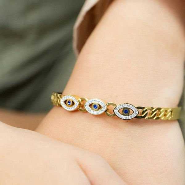 The Colourful Aura 18ct Rose Gold Plated Evil Eye Round Brass Gold Zircon Armlet Bangle Bracelet