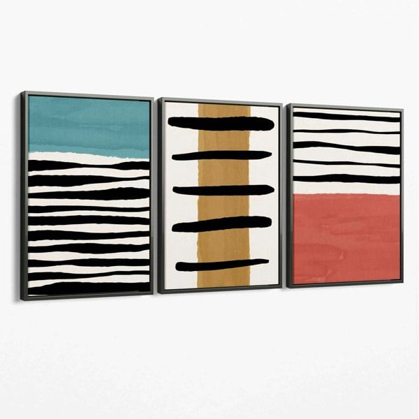 Set of 3 Abstract Red Blue Yellow Seascape  Canvas Art Prints with Grey Float Frame