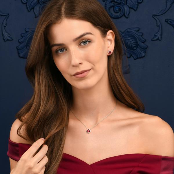 namana 925 Sterling Silver Red Cubic Zirconia Cushion Halo Pendant Necklace