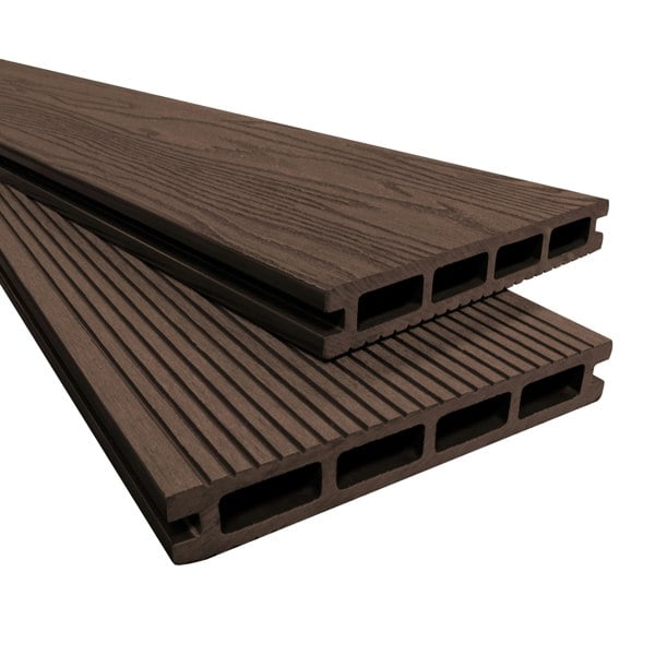 Brown composite decking boards with a wood-like texture, featuring smooth and ridged surfaces, ideal for outdoor decking projects