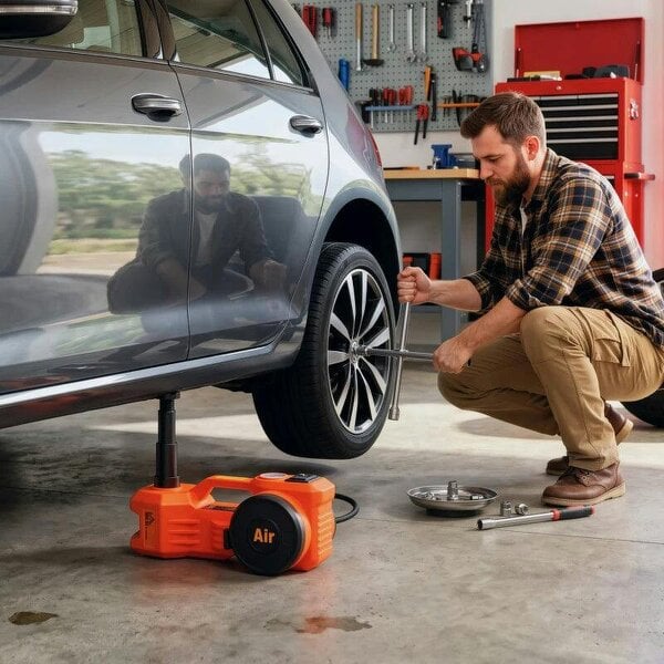 Electric Car Jack Kit, 5Ton 12V Electric Hydraulic Car Jack Lift with 15.5-45 cm Lift, Air Pump, Reflective Case, Orange
