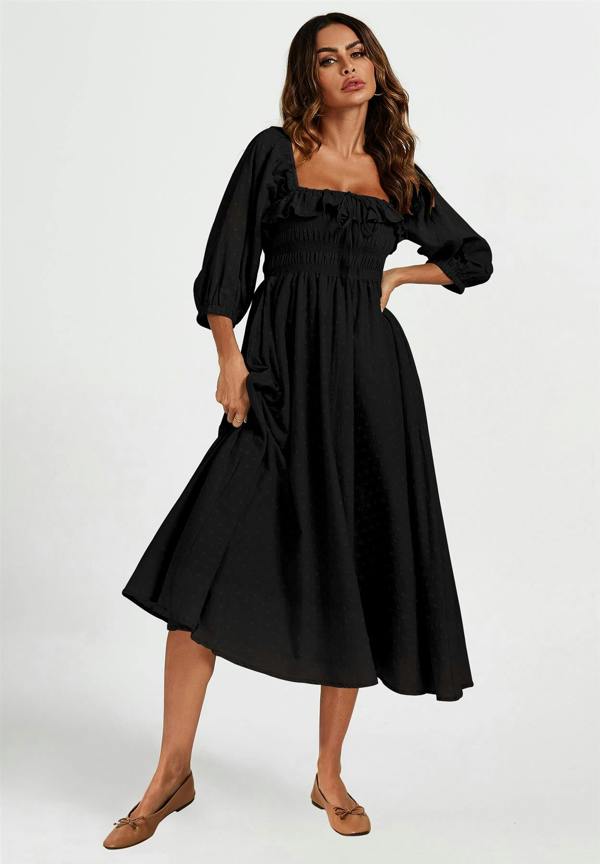FS Collection Frill Detail Square Neckline Midi Dress In Black