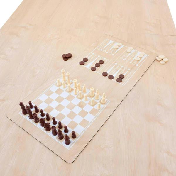 7-in-1 oak games table featuring a chessboard and checkers layout, with light wood finish and smooth surface for gameplay
