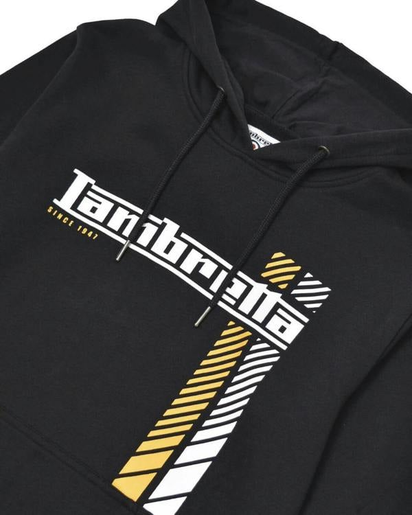 Lambretta Mens Racing Stripe Pull Over Sweatshirt Hooded Hoodie, black hoodie featuring bold racing stripe graphic and branding design.